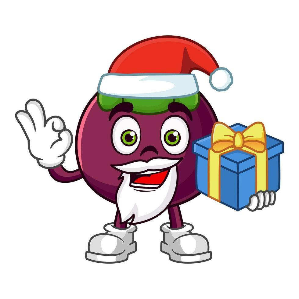 Mangosteen fruit santa cartoon character holding a gift vector