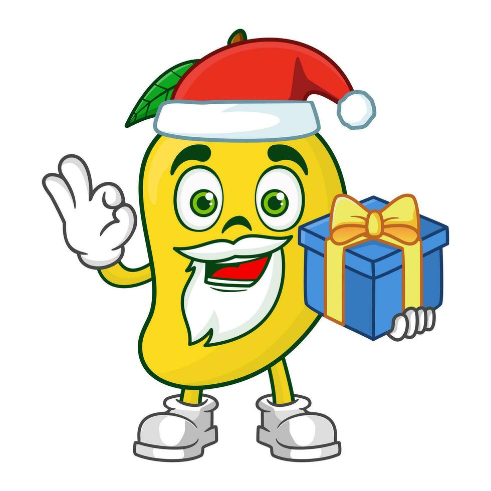 Mango fruit santa cartoon character holding a gift vector