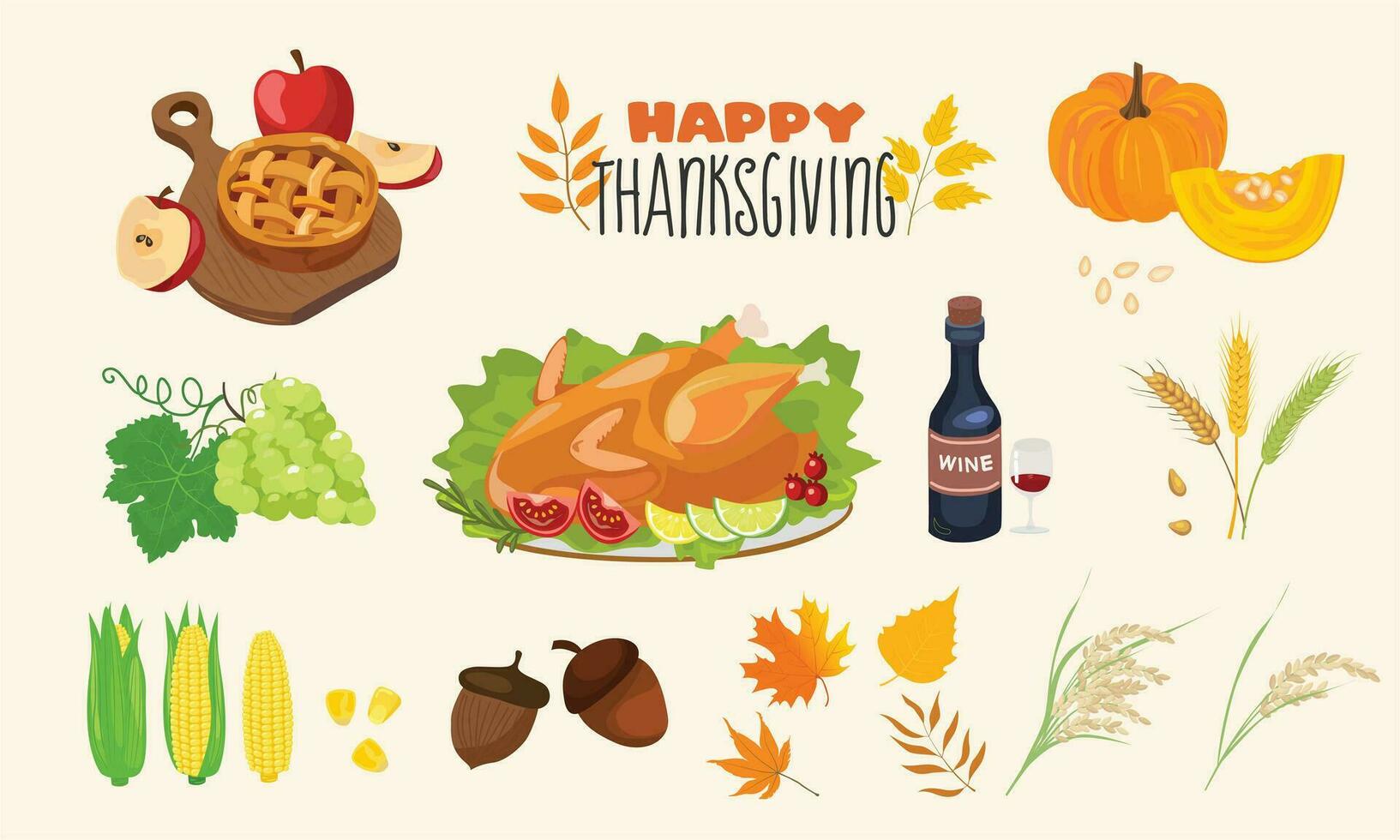 Thanksgiving vector set. Vector set of autumn elements with roasted turkey, pumpkin, corn, wine, pie. Happy thanksgiving day. Harvest festival. Autumn set. Flat vector in cartoon style isolated.