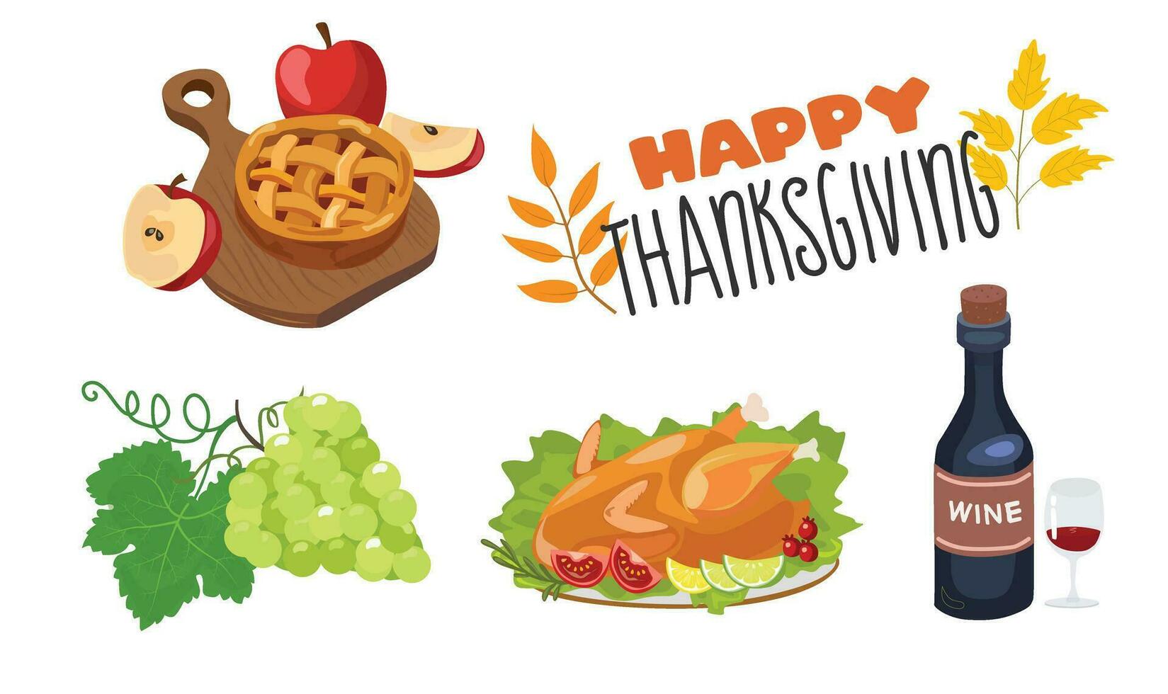 Thanksgiving vector set. Vector set of autumn elements with roasted turkey, pumpkin, corn, wine, pie. Happy thanksgiving day. Harvest festival. Autumn set. Flat vector in cartoon style isolated.