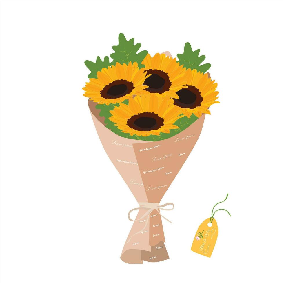 Bouquet of sunflower. Sunflower bouquet vector illustration. Summer flower. Floral bouquet wrapped in gift paper. Gift for special day, celebration day like birthday, teacher day, women day.