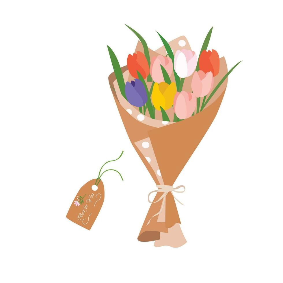 Bouquet of tulip flowers. Tulip flower bouquet vector illustration. Spring flower. Floral bouquet wrapped in gift paper. Gift for special day, celebration day like birthday, teacher day, women day.