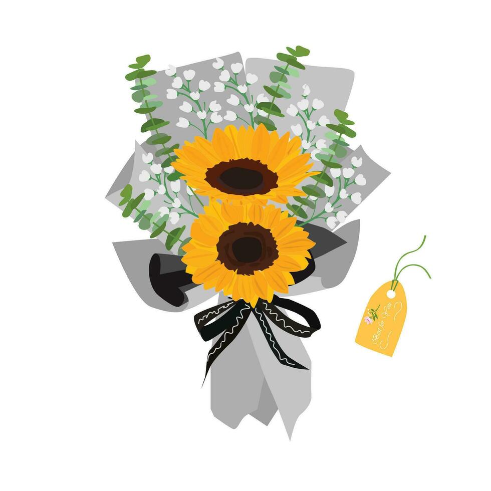 Bouquet of sunflower. Sunflower bouquet vector illustration. Summer flower. Floral bouquet wrapped in gift paper. Gift for special day, celebration day like birthday, teacher day, women day.