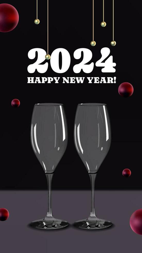 Happy New Year celebration congratulation design with realistic 3D champagne glass vector