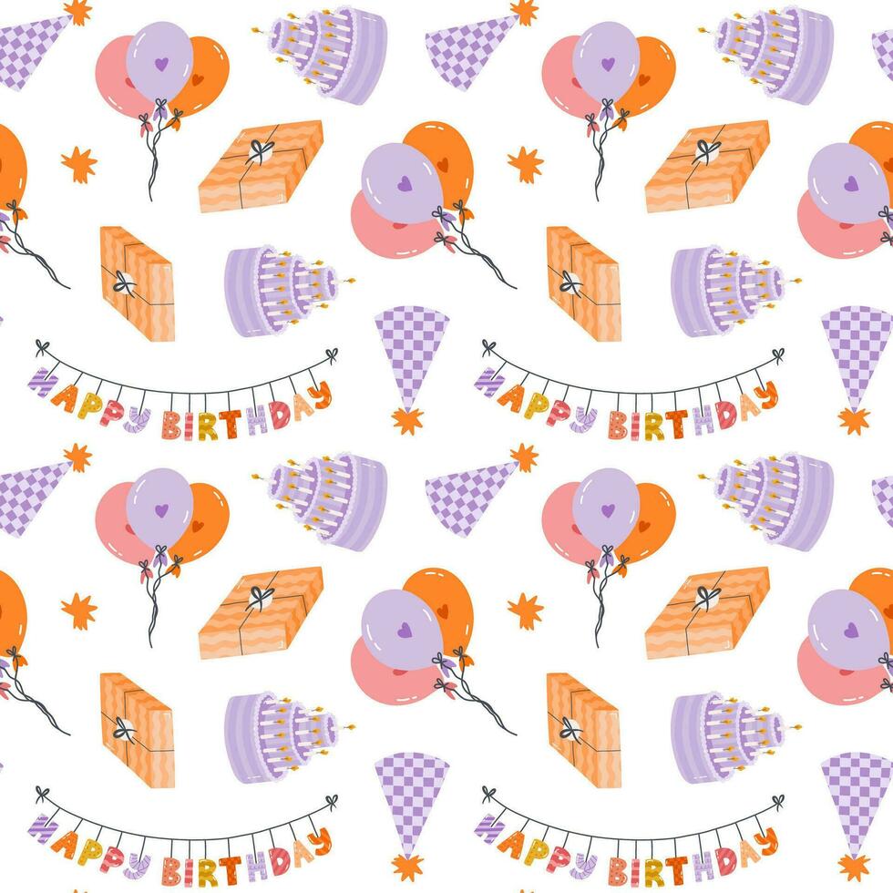 Seamless pattern with birthday bunting, party hat, balloon, cake, gift box in cute doodle style. Design with holiday clipart for wrapping paper, print, fabric, scrapbook. Bright festive background. vector