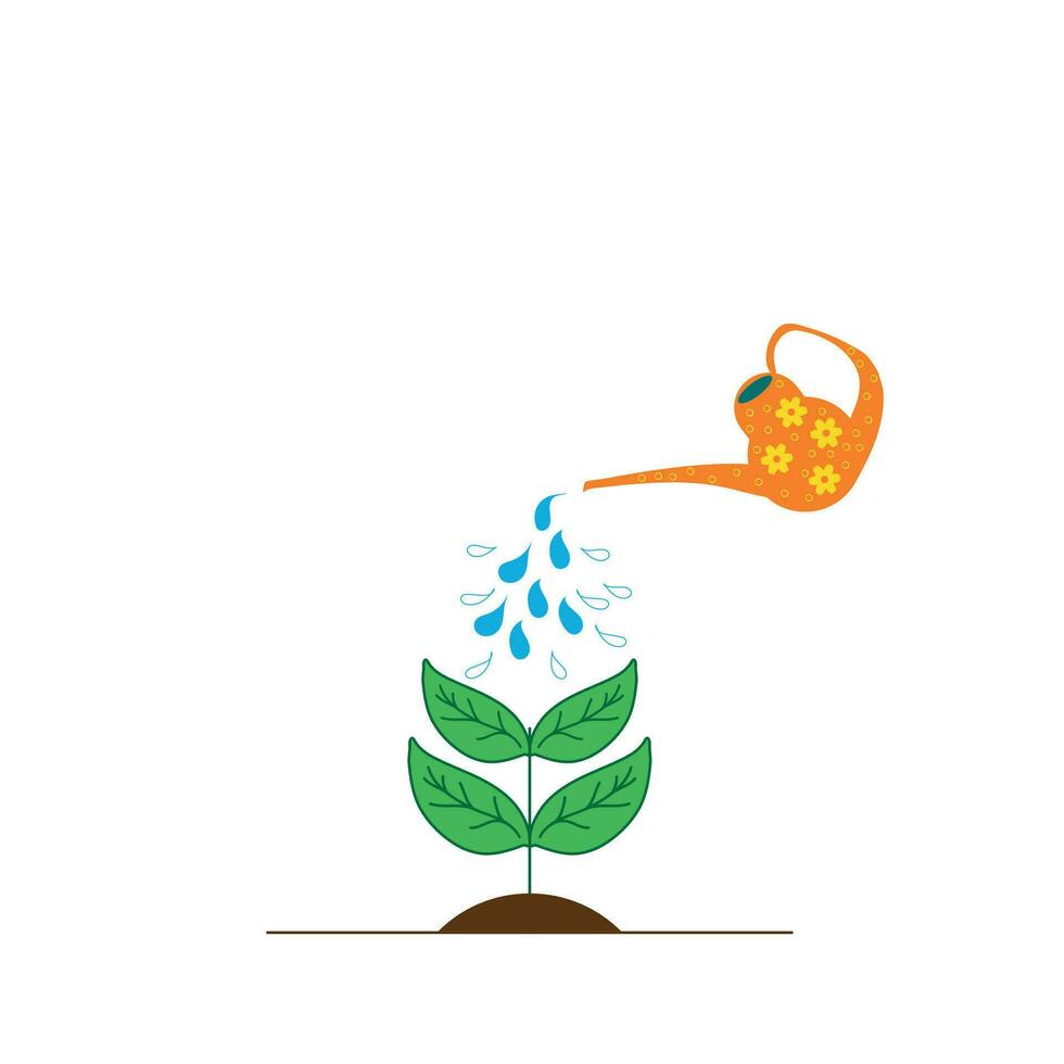 The plant is watered from a watering can. White background. Vector illustration in flat style