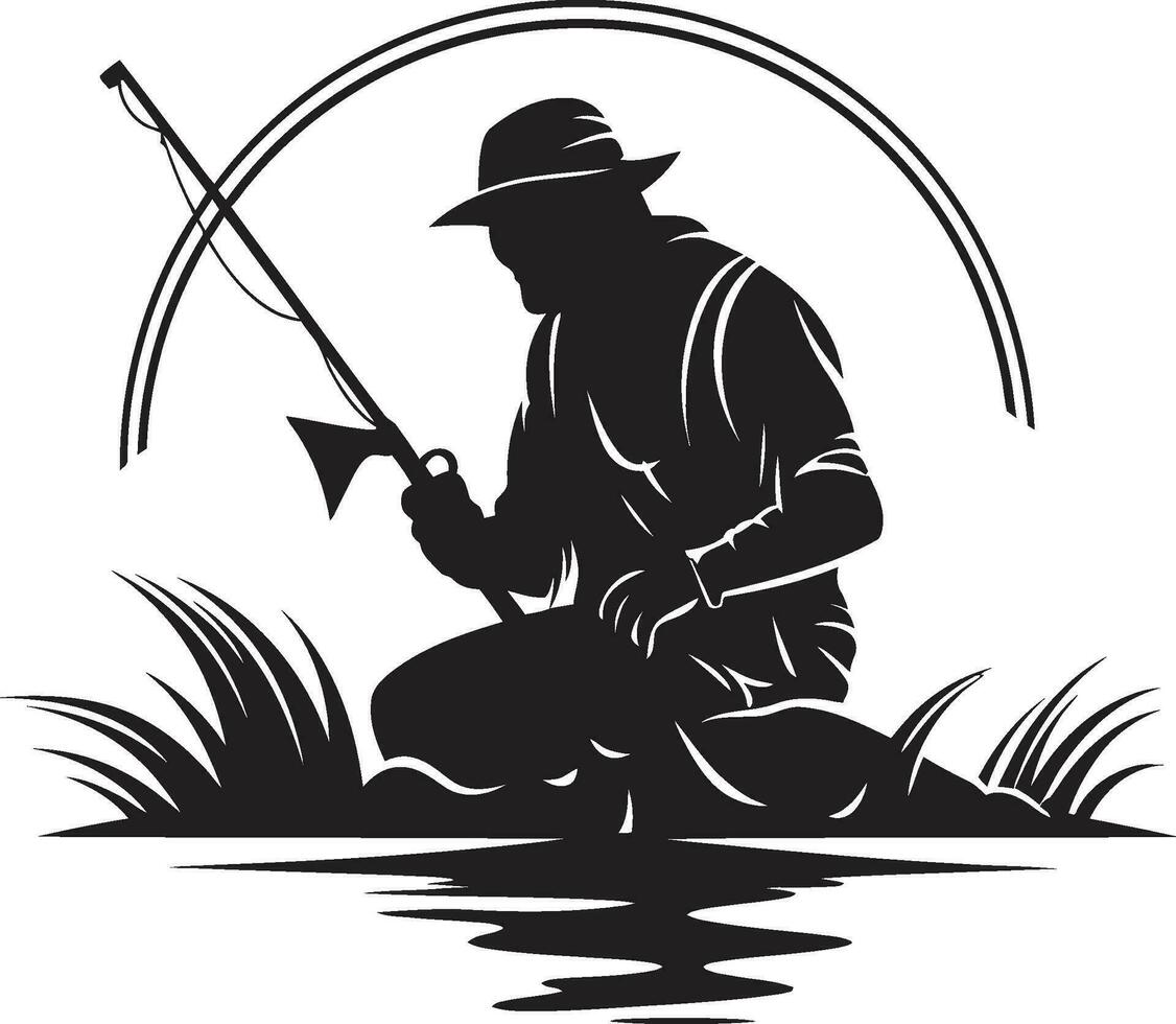 pescador logo con varilla y carrete aventuras y pasión pescador logo con pescado éxito y abundancia vector