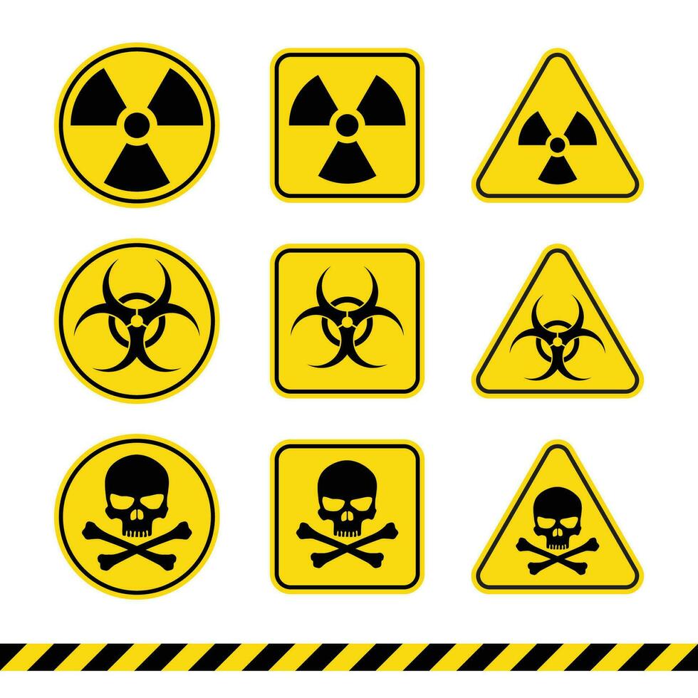Danger warning signs. Hazard warning symbols. Radiation ionization, biohazard caution, and danger zone signs. vector