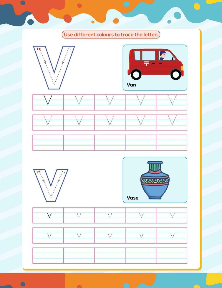 V alphabet tracing practice worksheet. Educational coloring book page with outline vector illustration for preschool