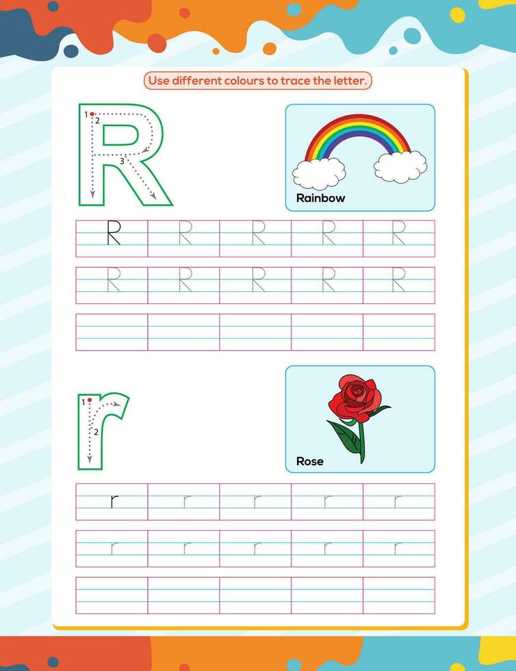 R alphabet tracing practice worksheet. Educational coloring book page with outline vector illustration for preschool