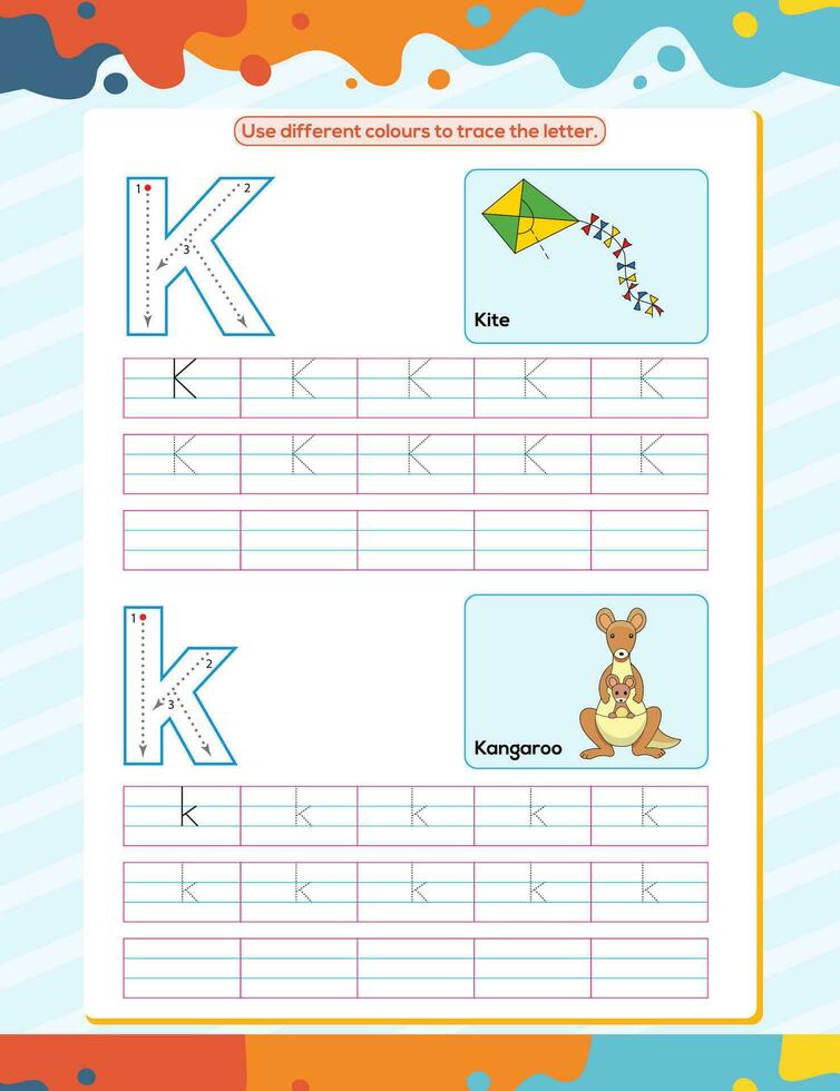 K alphabet tracing practice worksheet. Educational coloring book page with outline vector illustration for preschool