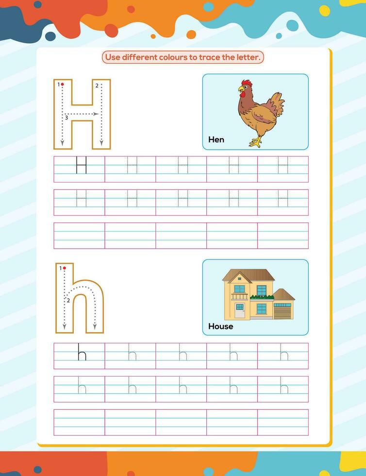 H alphabet tracing practice worksheet. Educational coloring book page with outline vector illustration for preschool