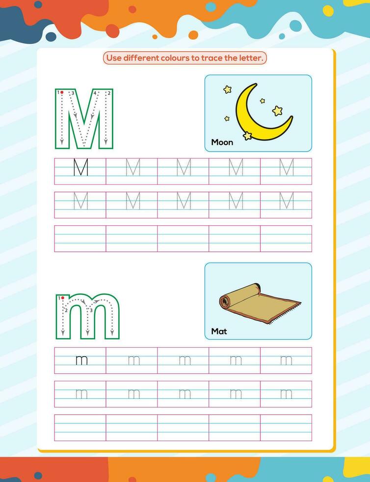 M alphabet tracing practice worksheet. Educational coloring book page with outline vector illustration for preschool