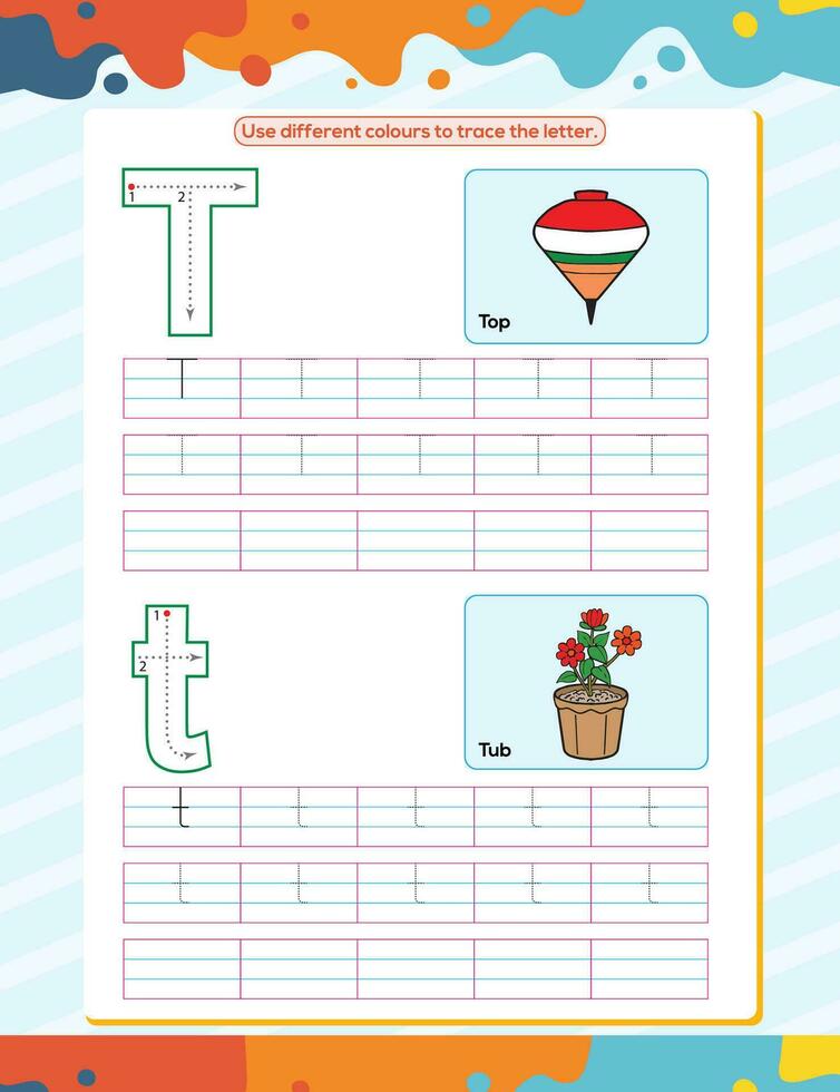 T alphabet tracing practice worksheet. Educational coloring book page with outline vector illustration for preschool