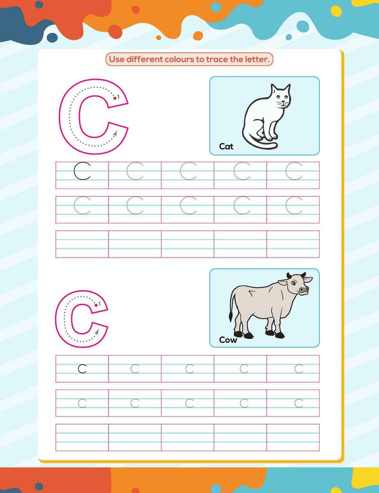 C alphabet tracing practice worksheet. Educational coloring book page with outline vector illustration for preschool