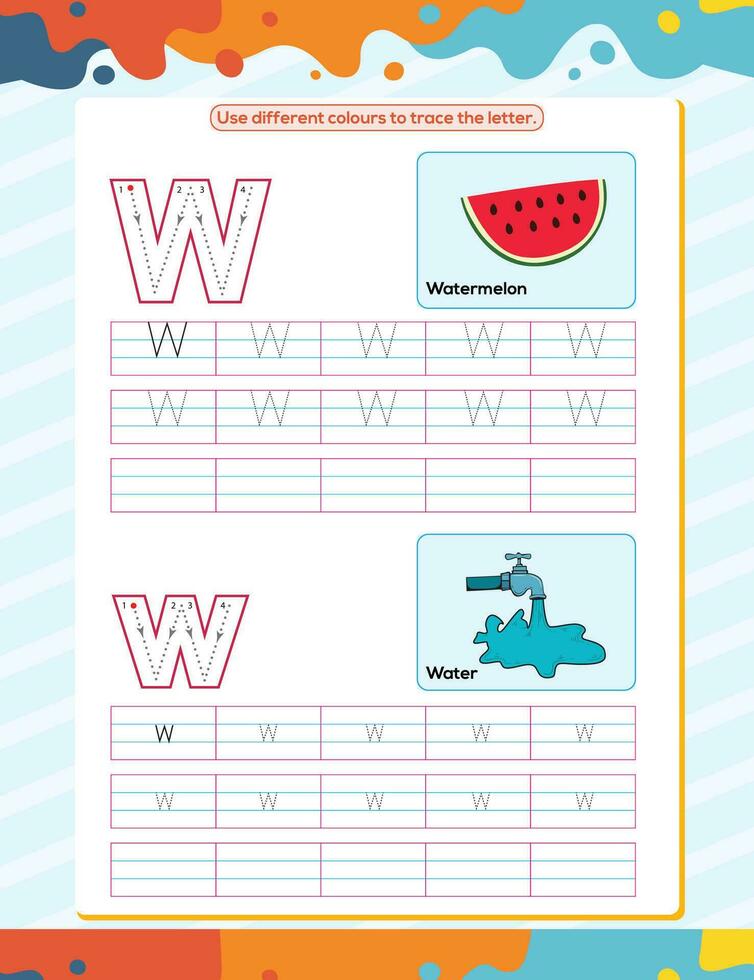 W alphabet tracing practice worksheet. Educational coloring book page with outline vector illustration for preschool