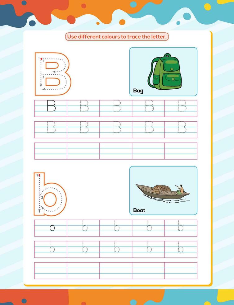 B alphabet tracing practice worksheet. Educational coloring book page with outline vector illustration for preschool