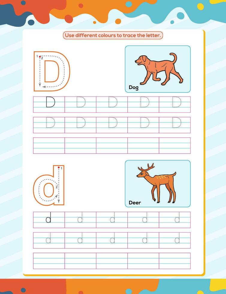 D alphabet tracing practice worksheet. Educational coloring book page with outline vector illustration for preschool