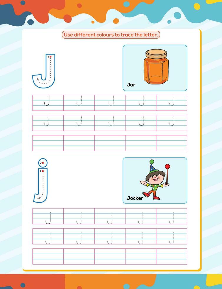 J alphabet tracing practice worksheet. Educational coloring book page with outline vector illustration for preschool