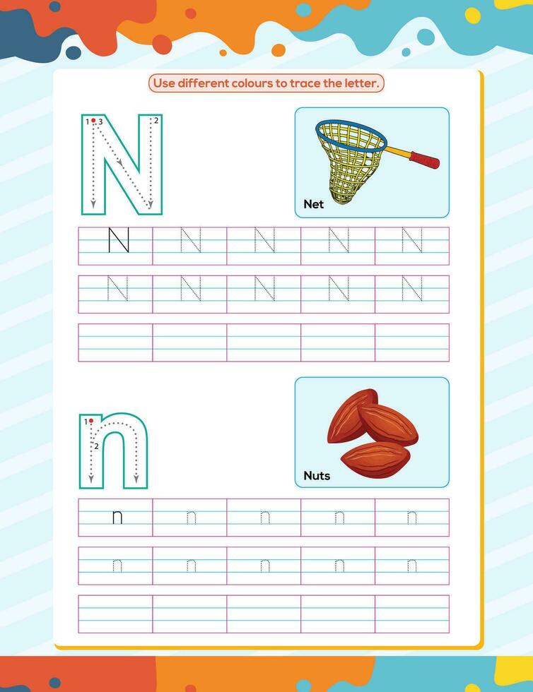 N alphabet tracing practice worksheet. Educational coloring book page with outline vector illustration for preschool