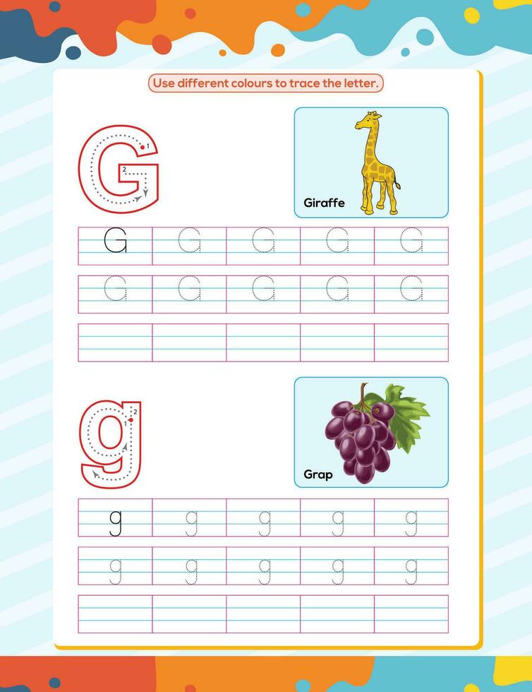 G alphabet tracing practice worksheet. Educational coloring book page with outline vector illustration for preschool