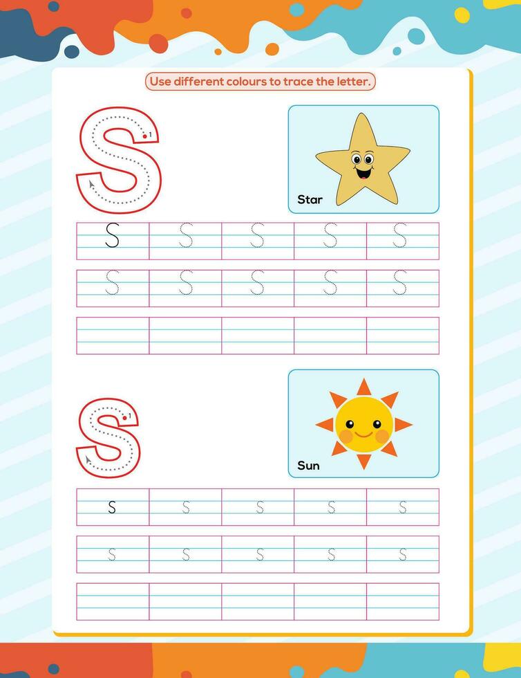 S alphabet tracing practice worksheet. Educational coloring book page with outline vector illustration for preschool