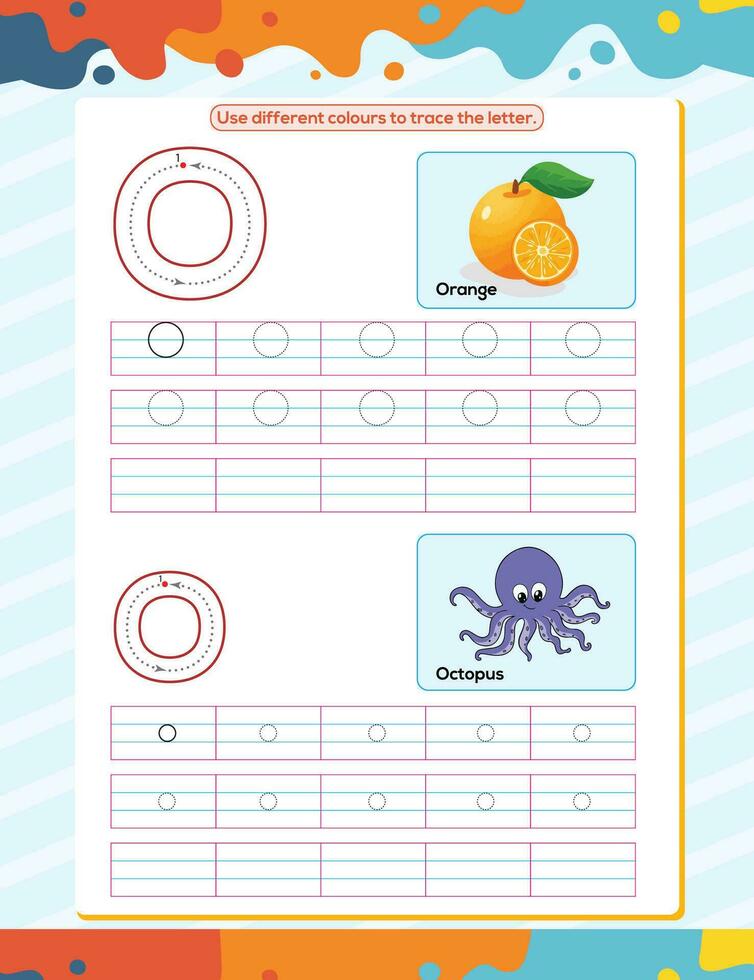 O alphabet tracing practice worksheet. Educational coloring book page with outline vector illustration for preschool