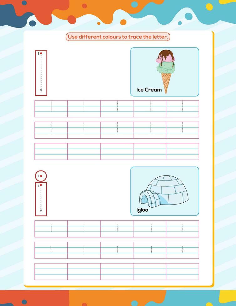 I alphabet tracing practice worksheet. Educational coloring book page with outline vector illustration for preschool