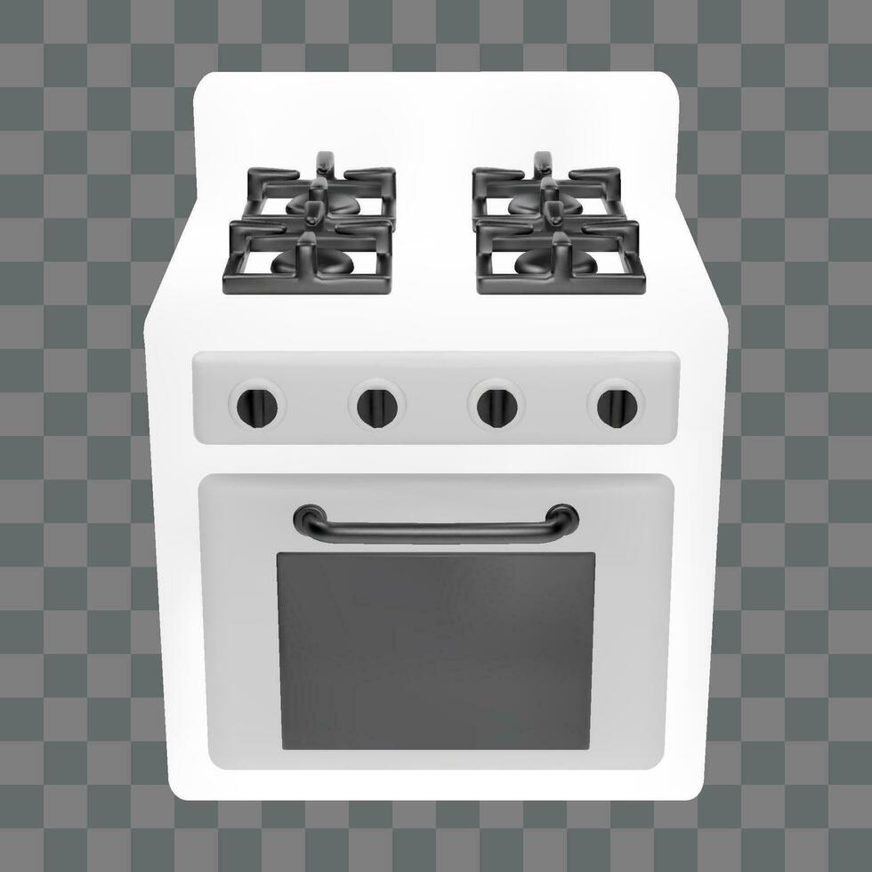 3d gas stove front view. White isolated realistic vector cooker icon for home interior and appliance. Kitchenware heater clipart with burner clean and glossy. Close door with handle for apartment