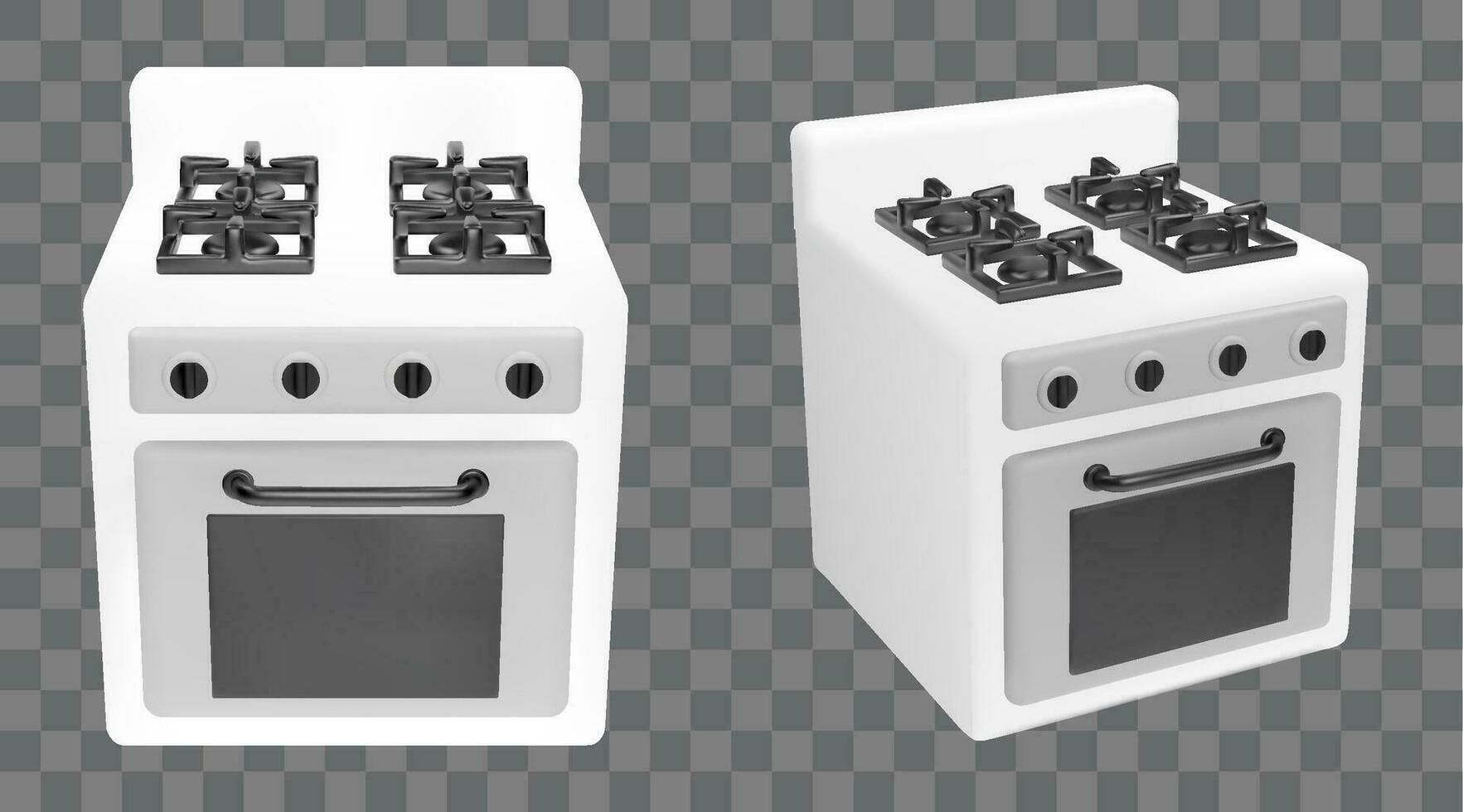 Close 3d gas stove with oven isolated vector interior icon for kitchen. White realistic cooker front display view. Kitchenware design side object with handle household element collection.