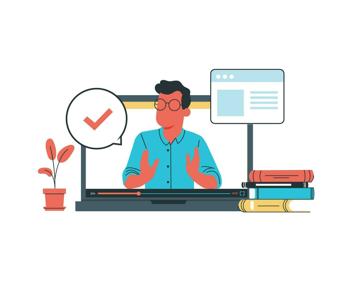 a young man do a communication using laptop. Vector design for digital native illustration concept