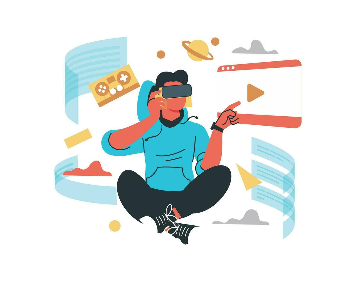 Young man in virtual reality glasses. Vector digital native illustration concept