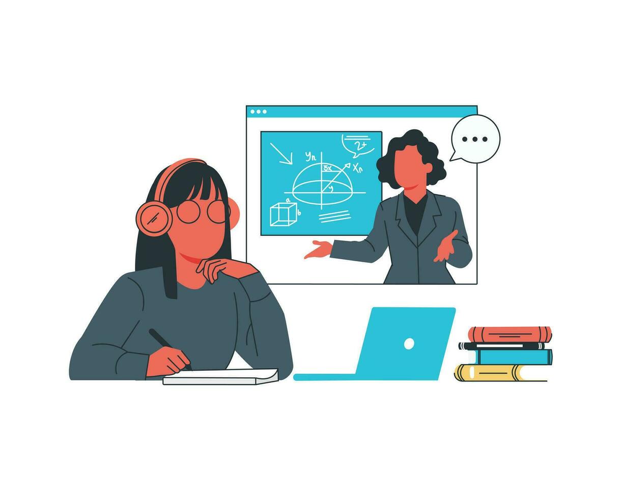 en línea educación concepto. mujer profesor y estudiante en ordenador portátil pantalla. vector ilustración