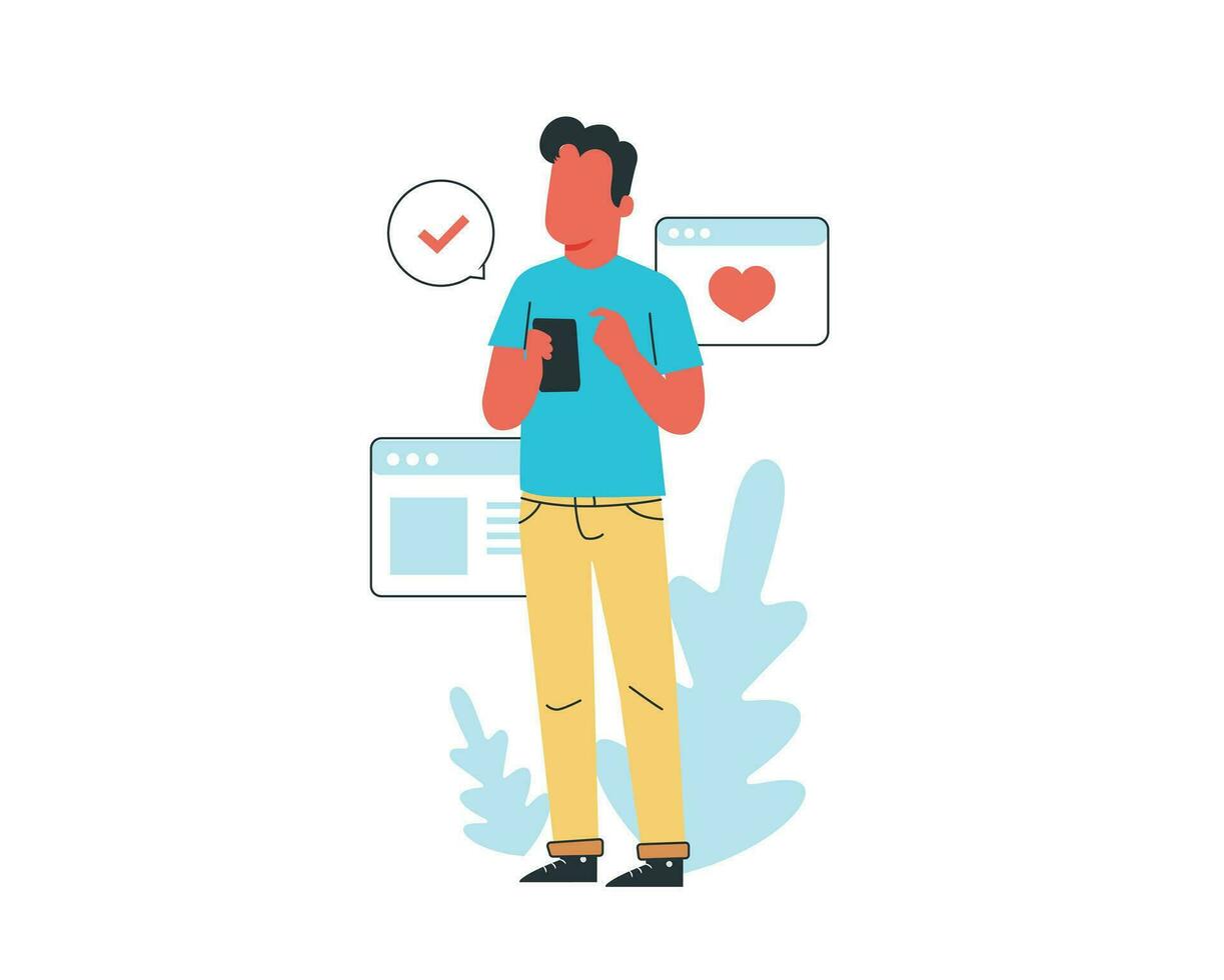 young Man with smartphone and tablet. Vector illustration in flat cartoon style.