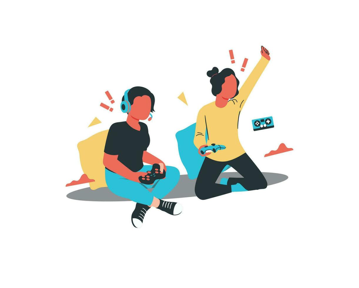 joven hombre y mujer jugando vídeo juegos juntos. plano vector ilustración.