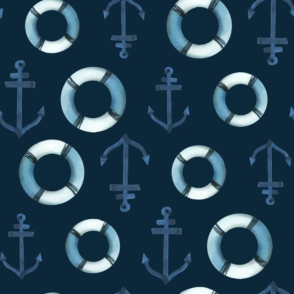 Lifebuoys with anchors. Watercolor illustration, hand drawn in childish style. Seamless pattern on a blue background vector
