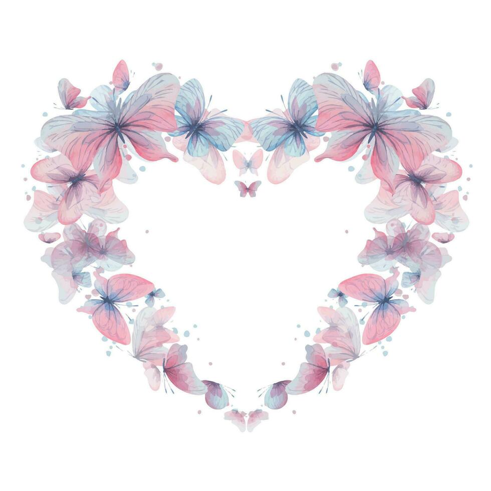 Butterflies are pink, blue, lilac, flying, delicate with wings and splashes of paint. Hand drawn watercolor illustration. Heart shape frame, template on a white background, for design. vector