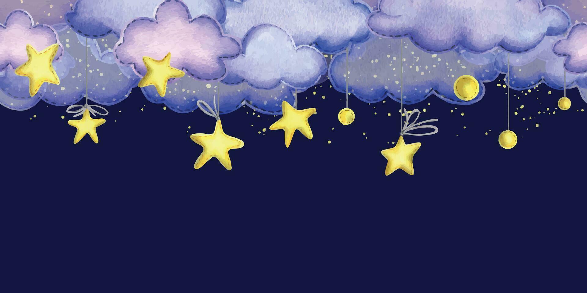 Night sky with a yellow suspended stars and clouds sewn from fabric with thread stitches. Children s hand drawn watercolor illustration. Seamless banner, template on a dark blue background. vector