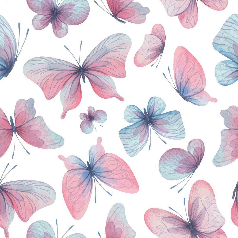 Butterflies are pink, blue, lilac, flying, delicate with wings and splashes of paint. Hand drawn watercolor illustration. Seamless pattern on a white background, for design vector