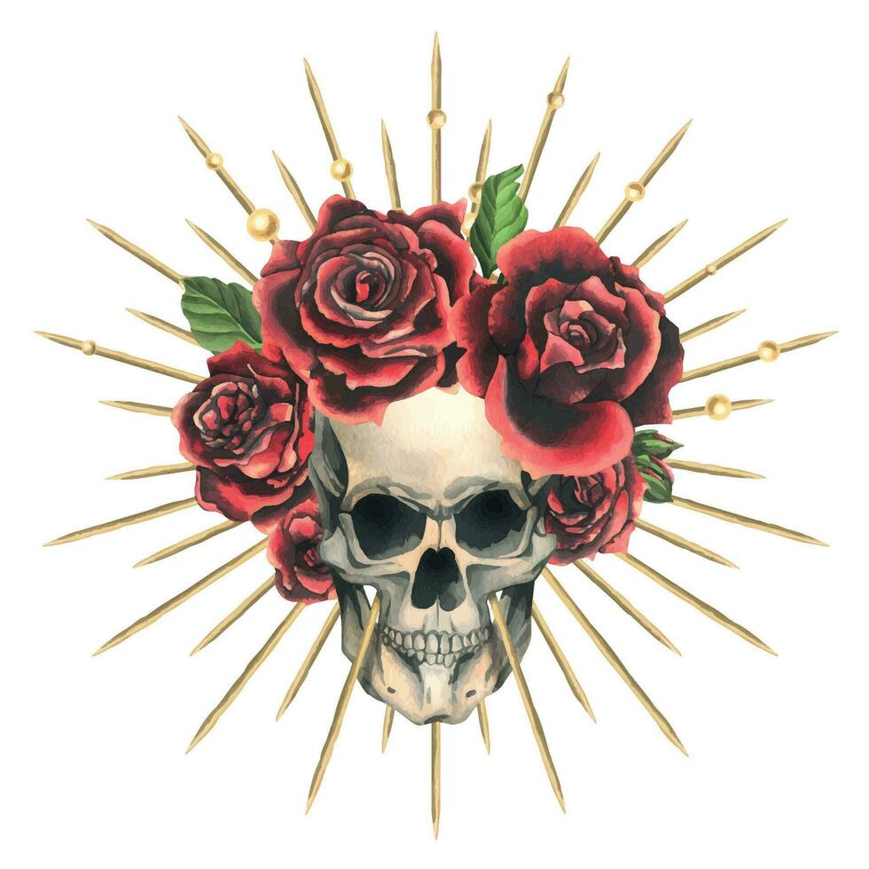 Human skull with red flowers rose in a golden crown with thorns, rays. Hand drawn watercolor illustration for day of the dead, halloween, Dia de los muertos. Isolated object on a white background vector