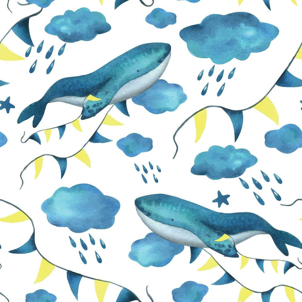 Turquoise whale in the clouds with a garland of flags among the clouds with raindrops. Watercolor illustration hand drawn in a simple childish style. Seamless pattern on a white background. vector