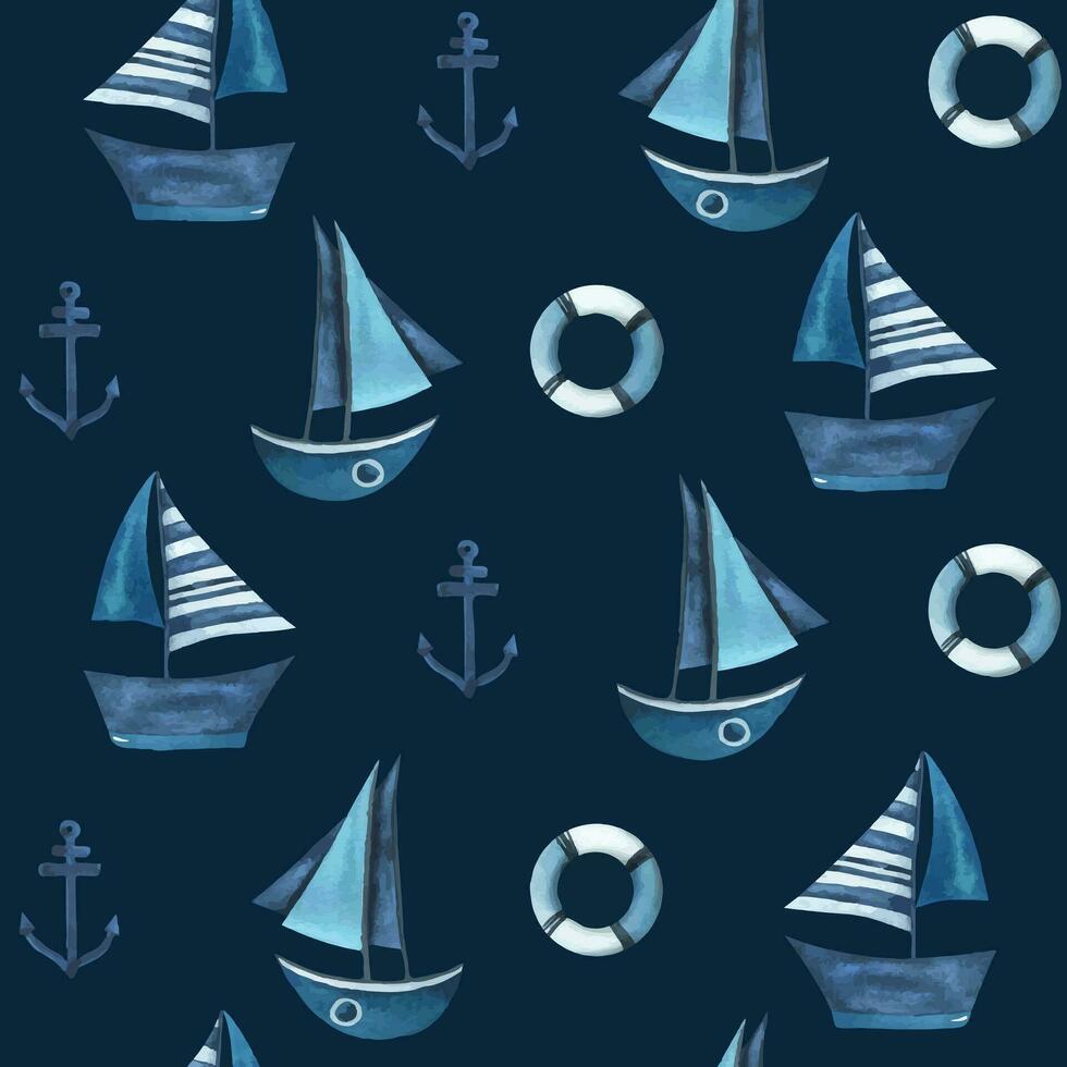 Sea sailboats striped, anchors and lifebuoys. Watercolor illustration hand drawn in an abstract childish style. Seamless pattern on a blue background vector