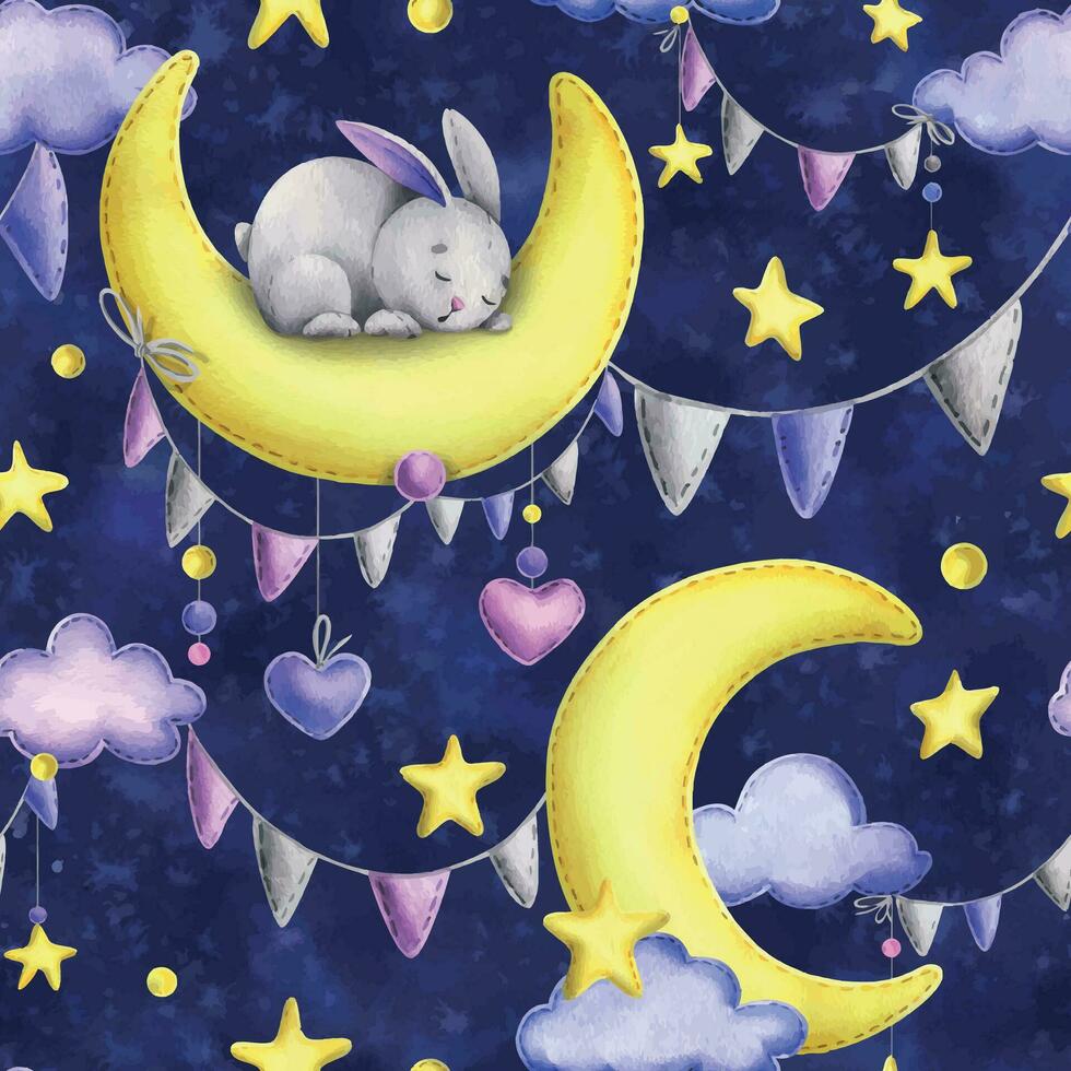 A cute gray stitched bunny lies and sleeps on a yellow moon with the garland flags, hearts hanging on ropes with bows. Watercolor illustration, hand drawn. Seamless pattern on a dark blue background vector