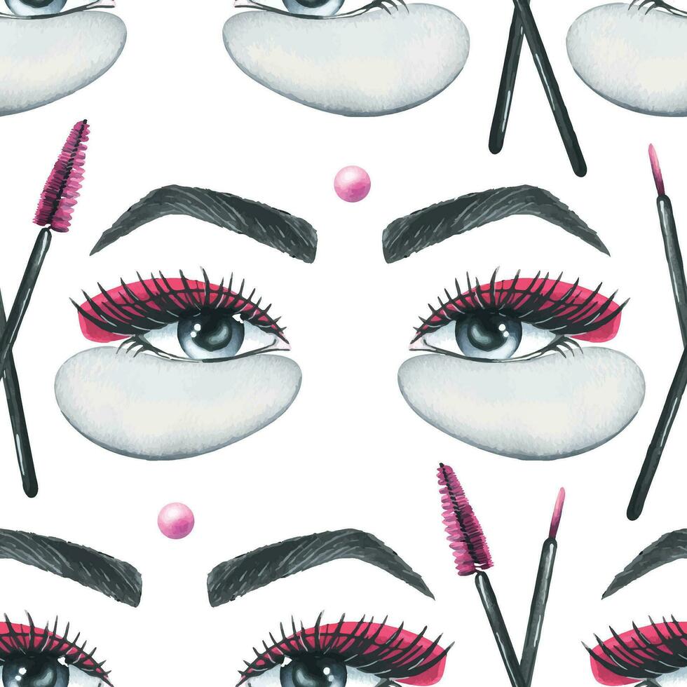 False eyelashes for extensions, tweezers, women s eyes, patches and flowers. Hand drawn watercolor illustration. Seamless pattern on a white background. vector