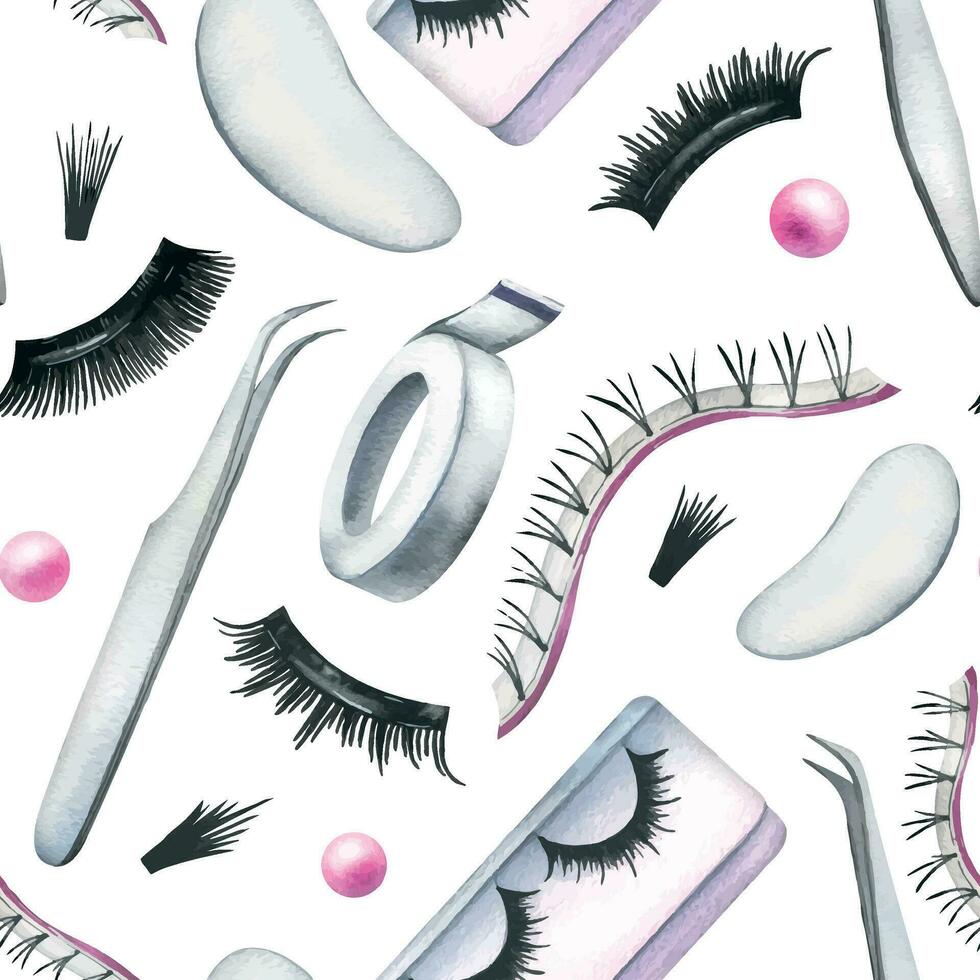 False eyelashes for extensions, tweezers, women s eyes, patches and flowers. Hand drawn watercolor illustration. Seamless pattern on a white background. vector