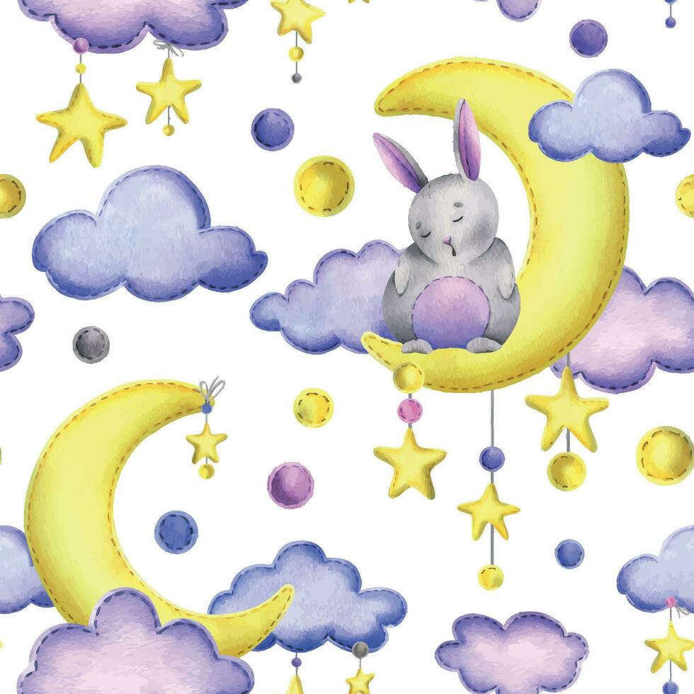 A cute gray bunny stitched sits and sleeps on a yellow moon with hanging stars, dots, clouds. Watercolor illustration, hand drawn. Seamless pattern on a white background vector