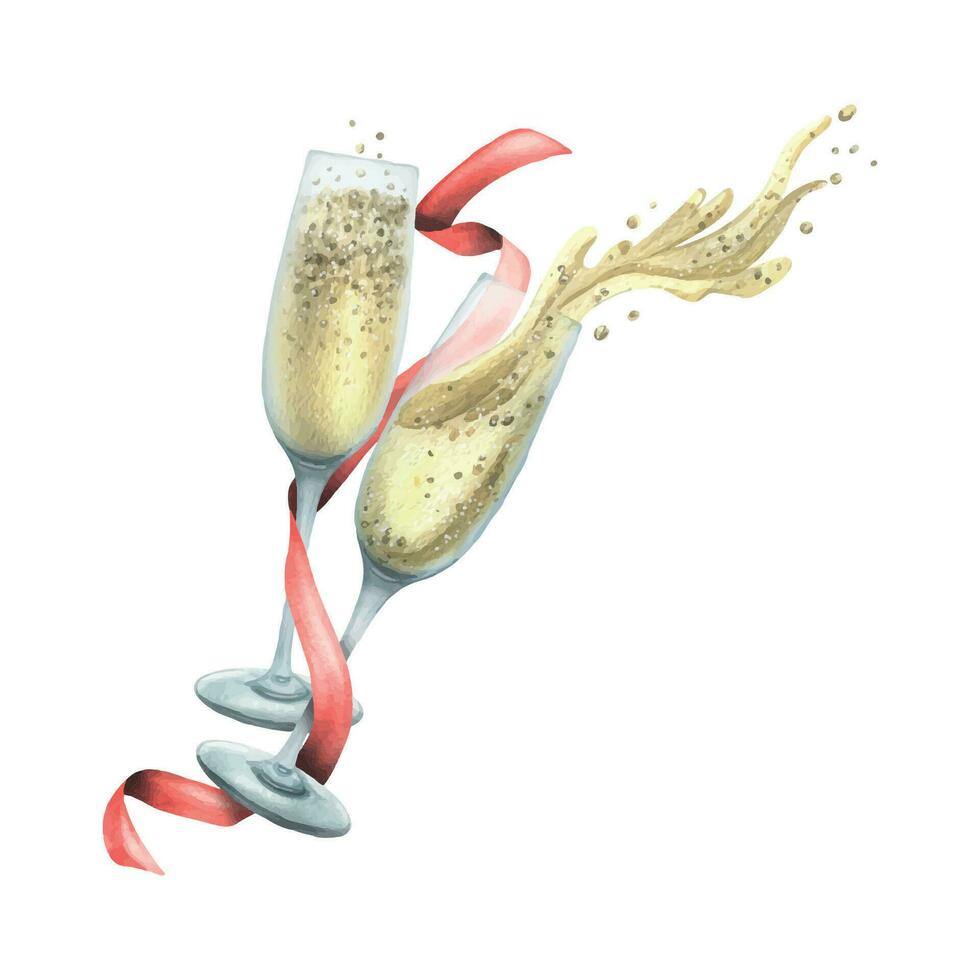 Glasses with champagne, splashes and bubbles with red festive ribbon. Watercolor illustration, hand drawn. Isolated composition on a white background, for New Year, Christmas, birthday. vector