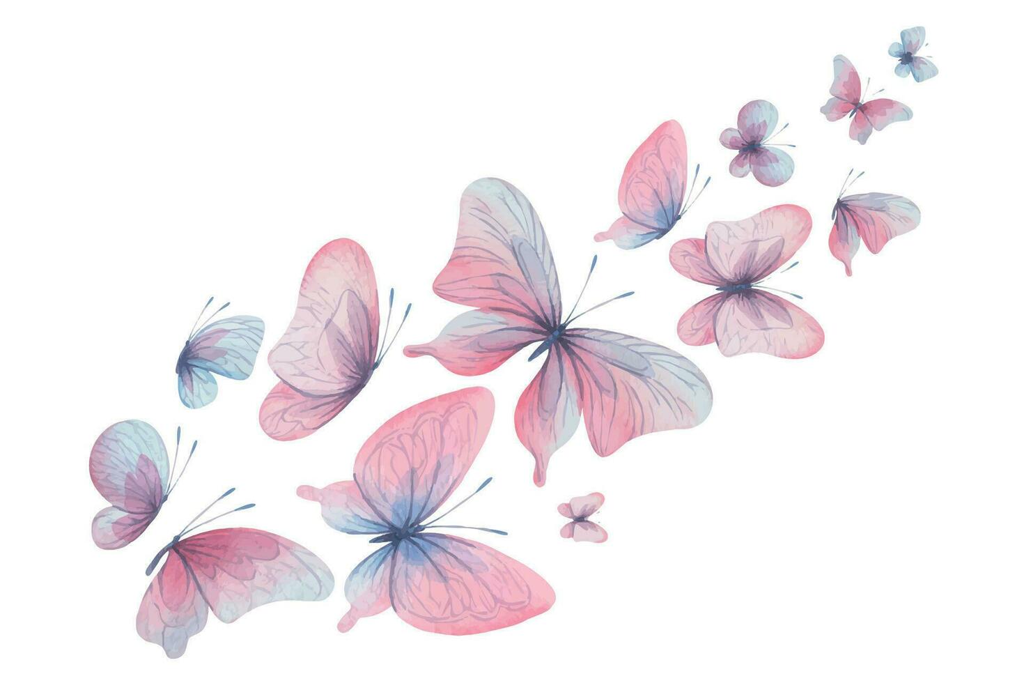 mariposas son rosa, azul, lila, volador, delicado con alas y salpicaduras de pintar. mano dibujado acuarela ilustración. movimiento composición en un blanco fondo, para diseño vector