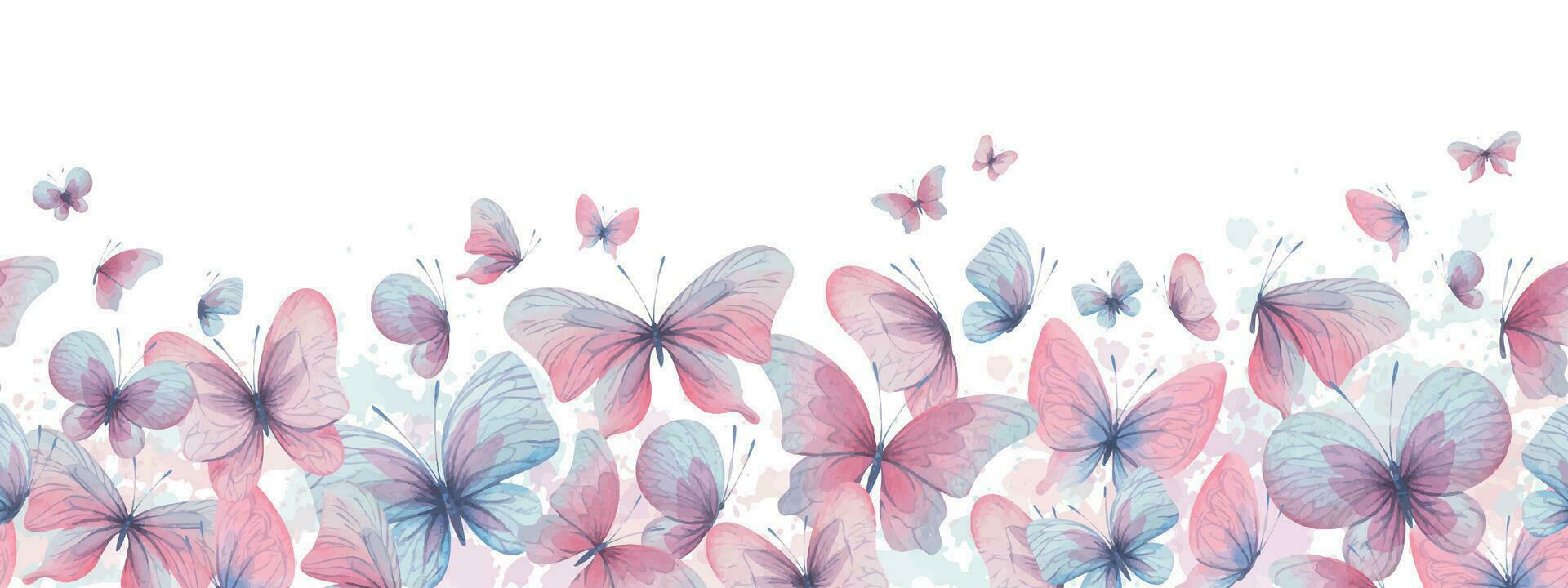 Butterflies are pink, blue, lilac, flying, delicate with wings and splashes of paint. Hand drawn watercolor illustration. Seamless border on a white background, for design. vector