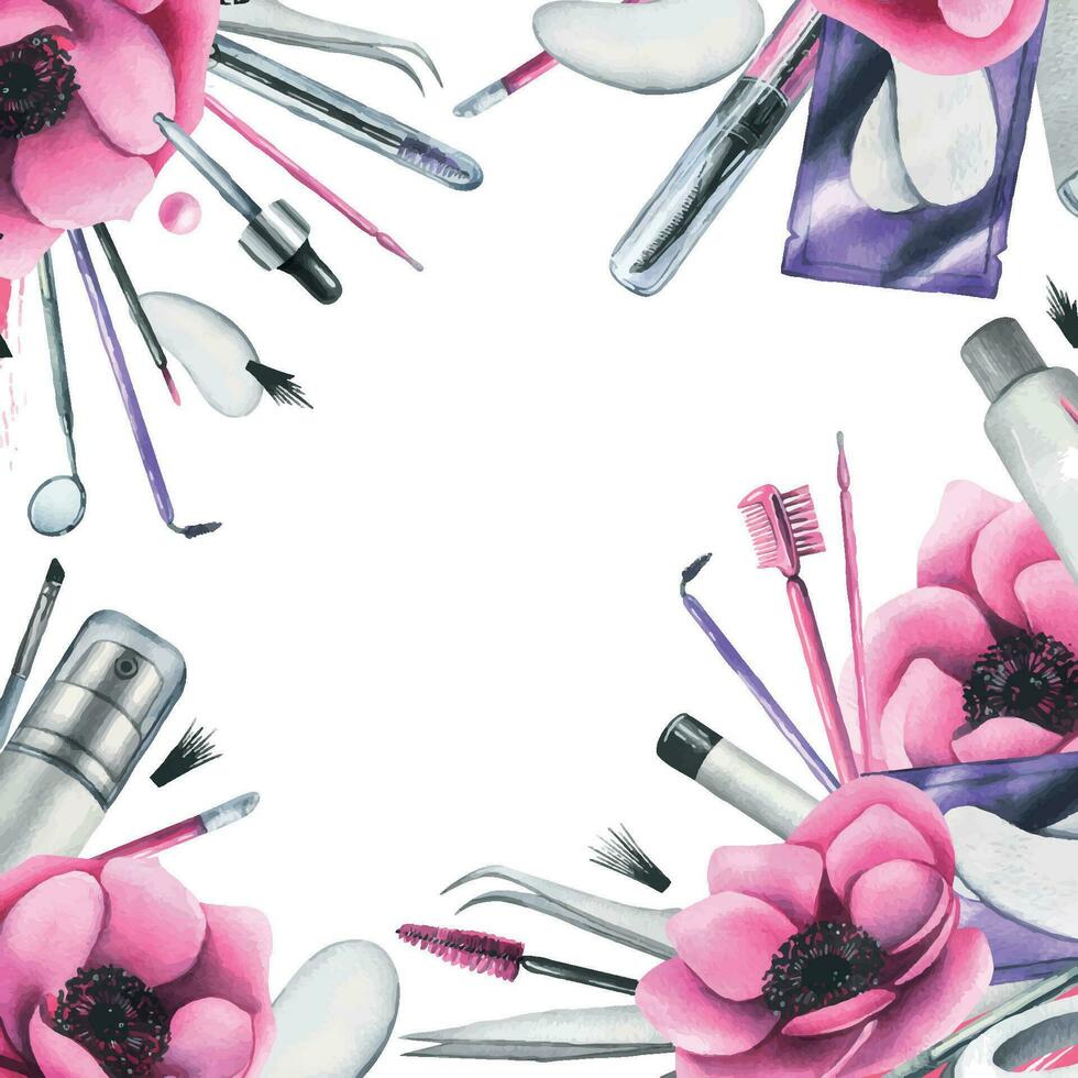Cosmetics and brushes for eyes and eyebrows, tweezers with pink anemone flowers. Watercolor illustration hand drawn. Frame on a white background vector